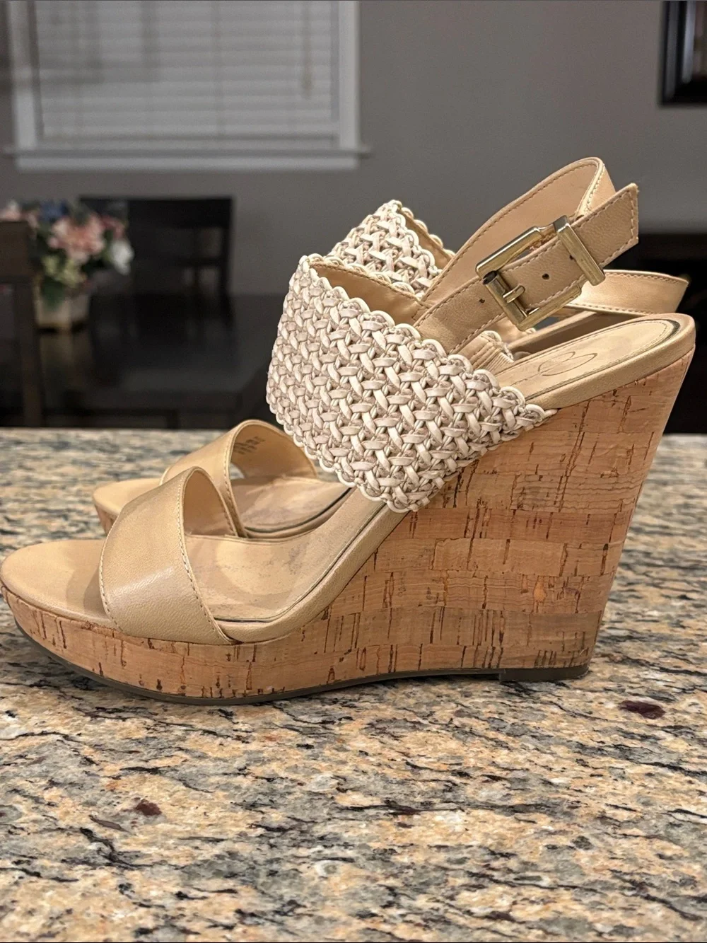 Jessica Simpson Nude Cork Wedge Sandals Woven Slingback Platform Heels Size 8B